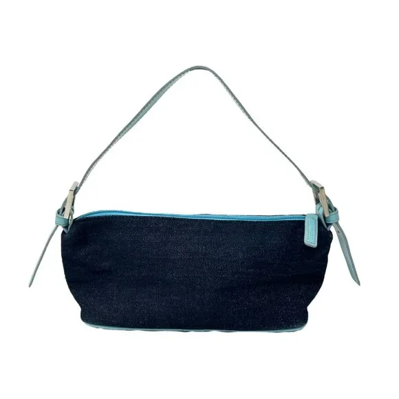 Courreges Vintage Logo Shoulder Bag Denim Blue Silver Cotton Rank AB [103972]